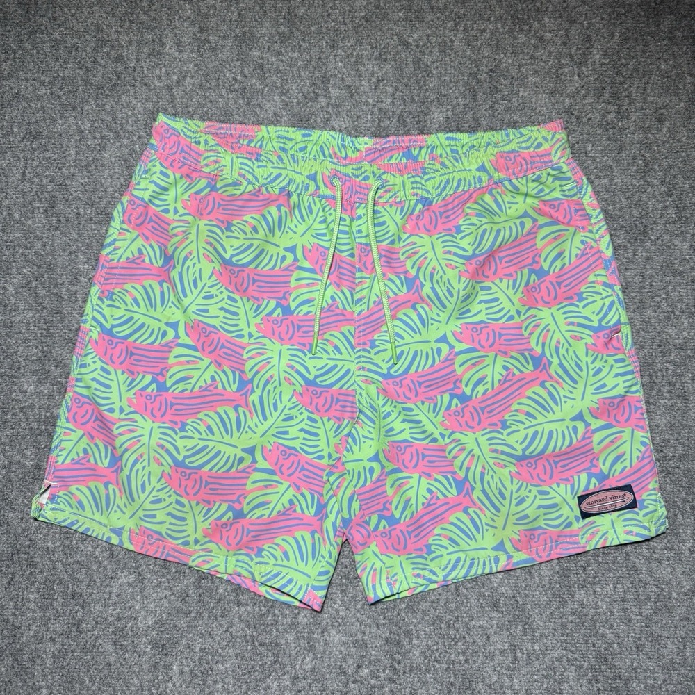 Vineyard Vines Floral Fish Print Swim Shorts Men M Mesh Lined Neon Green/Pink